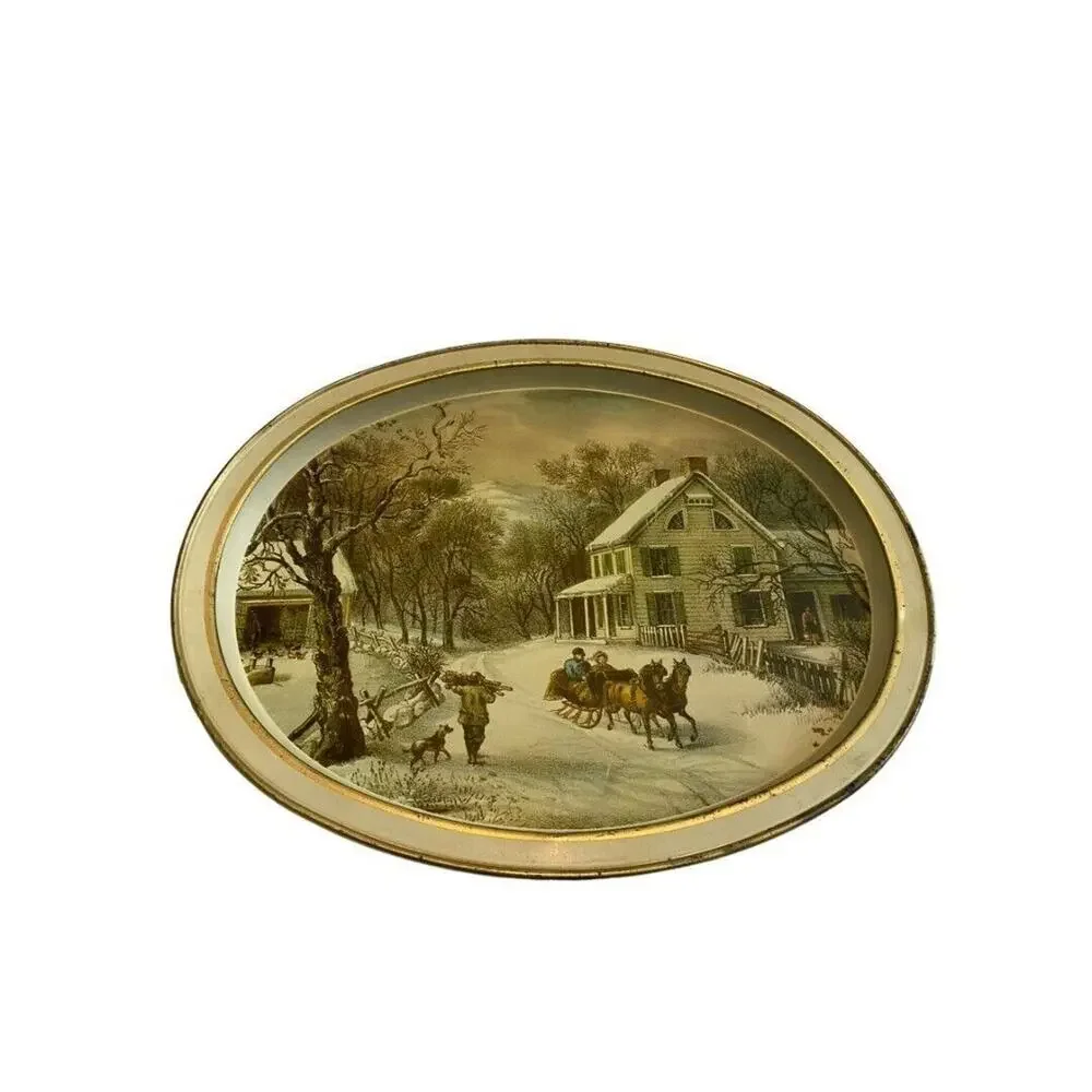 Currier and Ives The American Homestead Metal Tray Serving Vintage Winter
